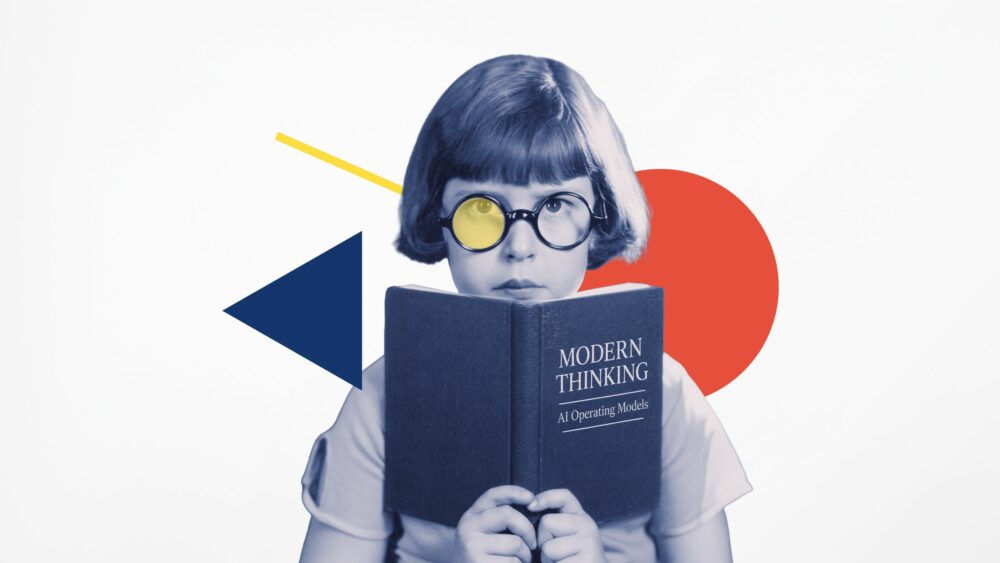 Vintage girl reading a book titled "Modern Thinking: AI Operating Models" with minimalist Bauhaus-inspired geometric shapes representing the shift to an AI-first operating model.